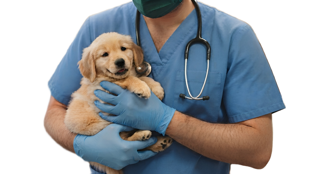 Veterinario sosteniendo un cachorro golden retriever
