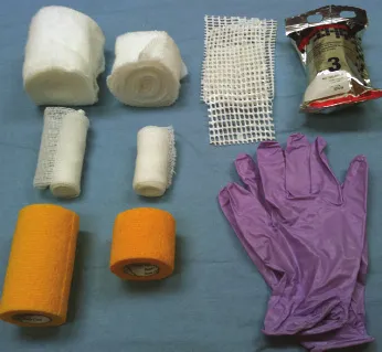 Materiales para la férula: rollos de acolchado, gasa, venda autoadherente naranja, malla de yeso y guantes morados